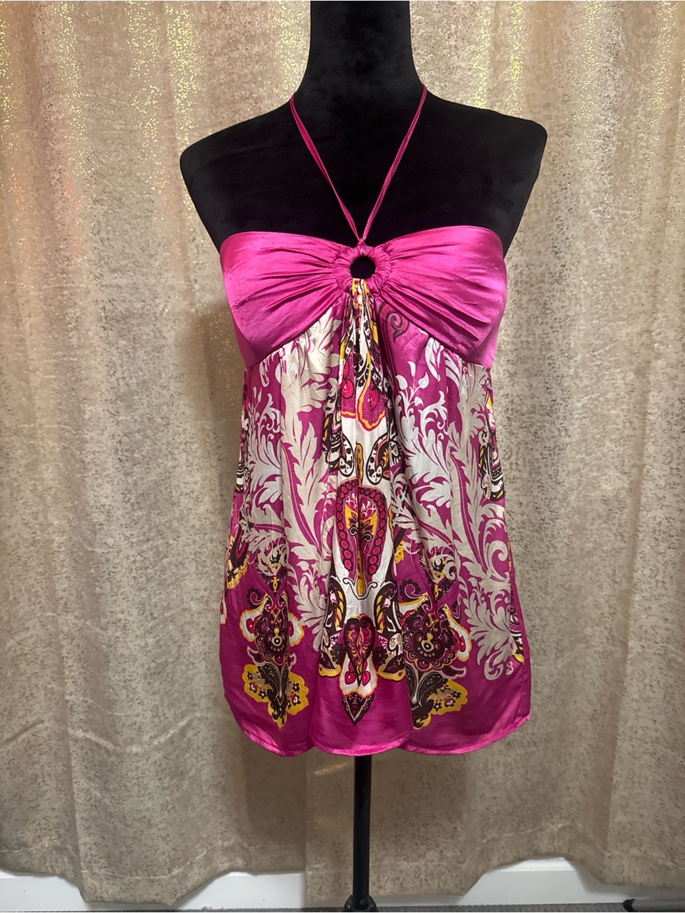 Bebe Fuchsia Halter-Style Satin Paisley Print Tank Top